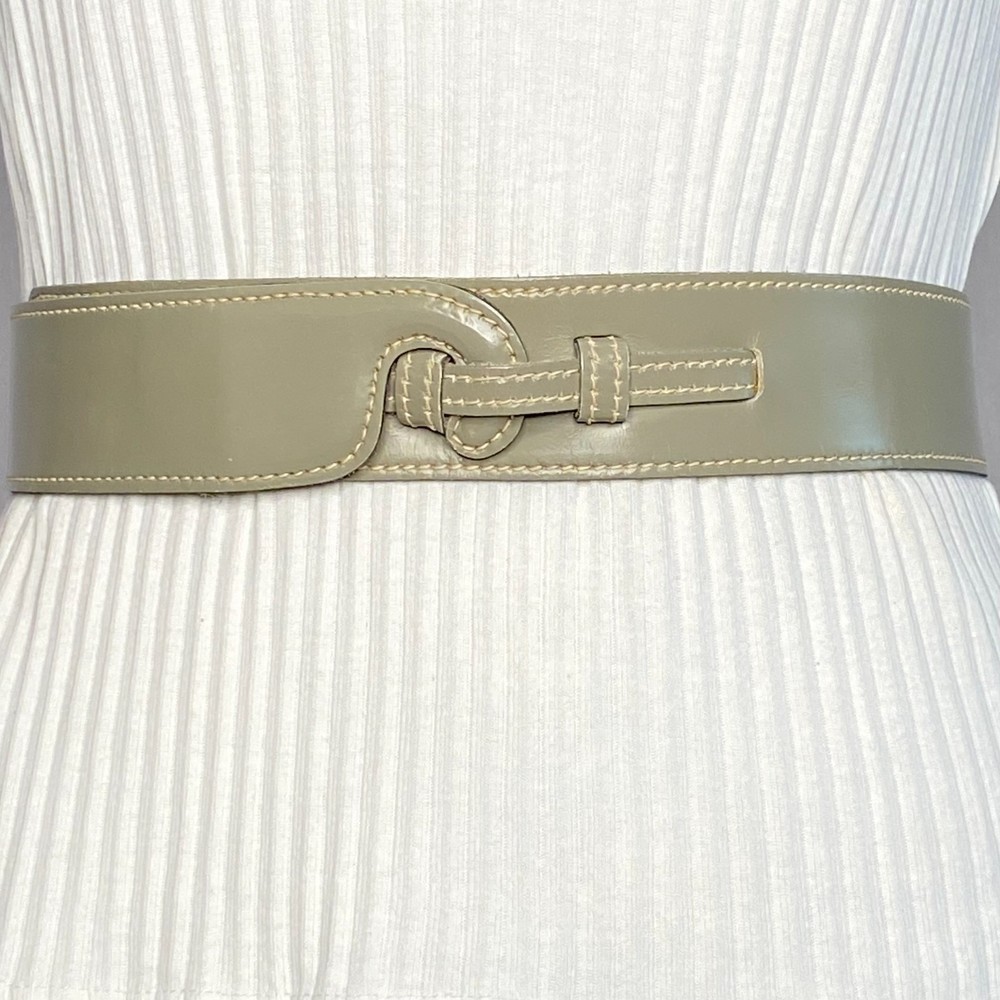 💎Anne Klein Belt Womens Size Medium Gray/Tan Contrast Stitch Hook Buckle